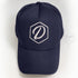 Navy 5 Panel Cap, White thread, Embroidered D Logo, Front, Above View